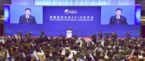 Chinese President Xi Jinping delivers a speech at an annual meeting of the Boao Forum for Asia in Boao, in the southern Chinese province of Hainan, in this photo taken by Kyodo April 10, 2018. Mandatory credit Kyodo/via REUTERS ATTENTION EDITORS - THIS IMAGE WAS PROVIDED BY A THIRD PARTY. MANDATORY CREDIT. JAPAN OUT. - RC1FBAB0CBE0
