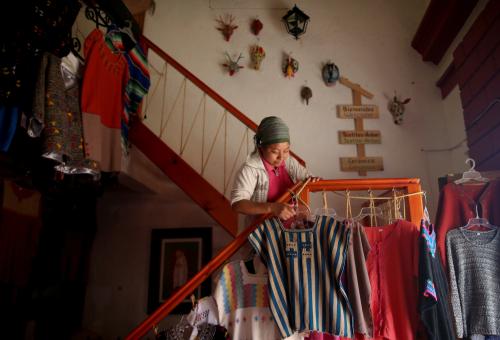 Soraya, 25, a Muslim from the Tzotzil Maya ethnic group, works at the craft store in San Cristobal de las Casas, in Chiapas state, Mexico, August 11, 2017. REUTERS/Edgard Garrido  SEARCH "TZOTZIL MAYA" FOR THIS STORY. SEARCH "WIDER IMAGE" FOR ALL STORIES. - RC181D43AD80