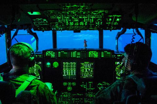 Pilots of a C-130 Hercules aircraft prepare to land following a visit to Kandahar by Marine Corps General Joe Dunford, chairman of the Joint Chiefs, at Bagram airfield near Kabul, Afghanistan March 22, 2018. Picture taken March 22, 2018. DoD Photo/Navy Petty Officer 1st Class Dominique A. Pineiro/Handout via REUTERS.