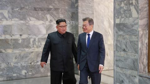 South Korean President Moon Jae-in meets with North Korean leader Kim Jong Un during their summit at the truce village of Panmunjom, North Korea, in this handout picture released by North Korea's Korean Central News Agency (KCNA) on May 27, 2018.  KCNA/via REUTERS ATTENTION EDITORS - THIS PICTURE WAS PROVIDED BY A THIRD PARTY. REUTERS IS UNABLE TO INDEPENDENTLY VERIFY THE AUTHENTICITY, CONTENT, LOCATION OR DATE OF THIS IMAGE. NO THIRD PARTY SALES. SOUTH KOREA OUT. - RC1FAB5E7670