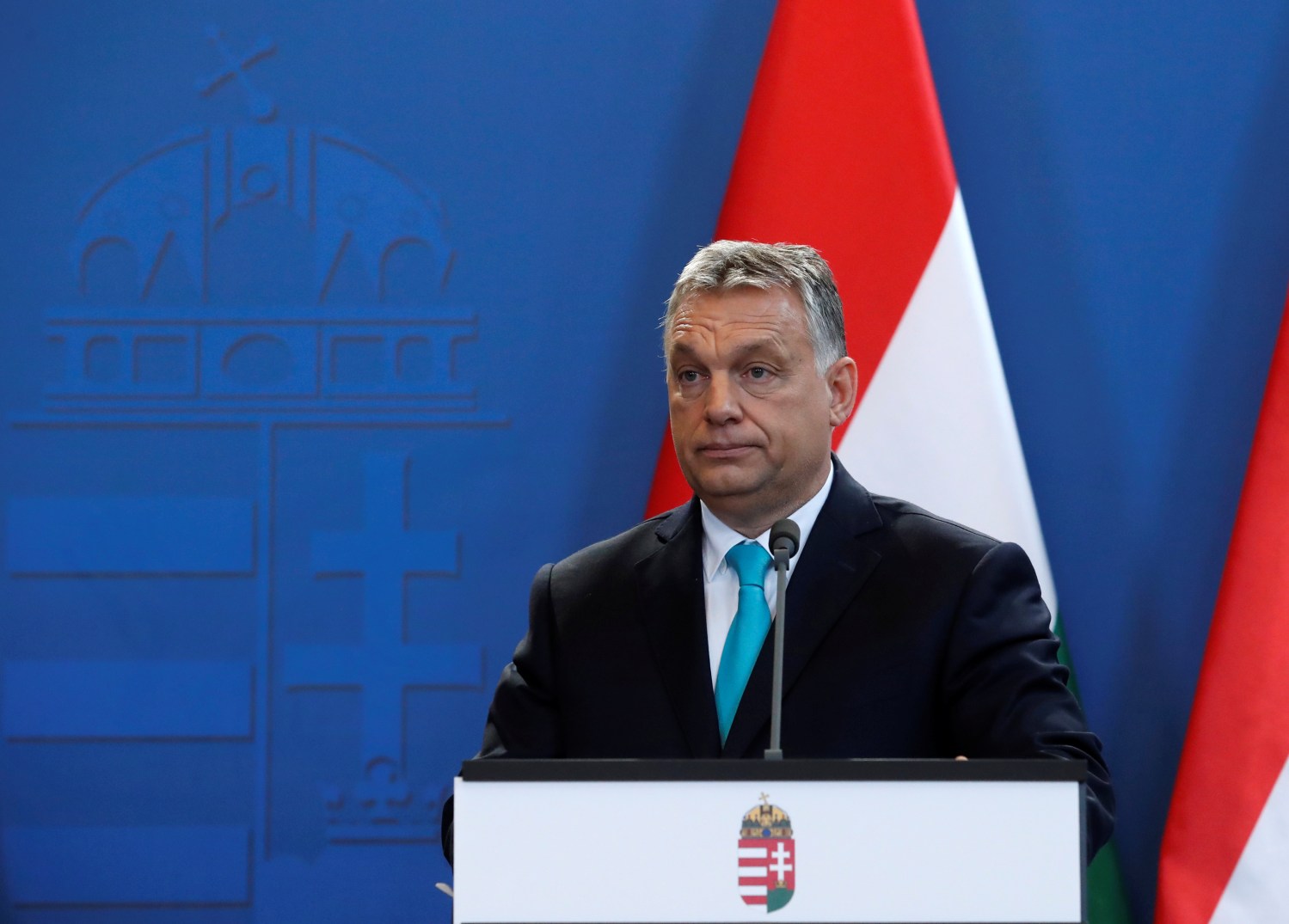 Hungarian Prime Minister Viktor Orban and Columbian President Juan Manuel Santos (not pictured) give a statement to the media in Budapest, Hungary, May 11, 2018. REUTERS/Bernadett Szabo