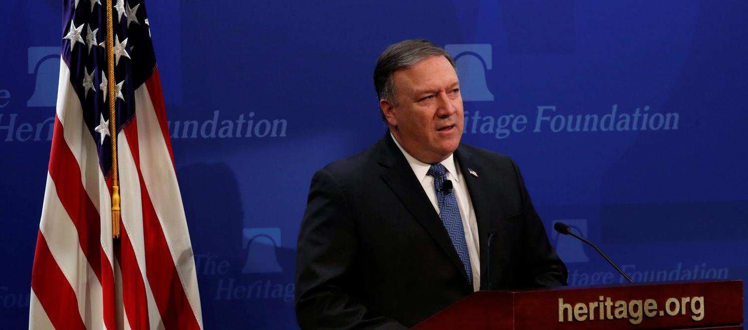 U.S. Secretary of State Mike Pompeo delivers remarks on the Trump administration's Iran policy at the Heritage Foundation in Washington, U.S. May 21, 2018.  REUTERS/Jonathan Ernst - RC19F376FBB0