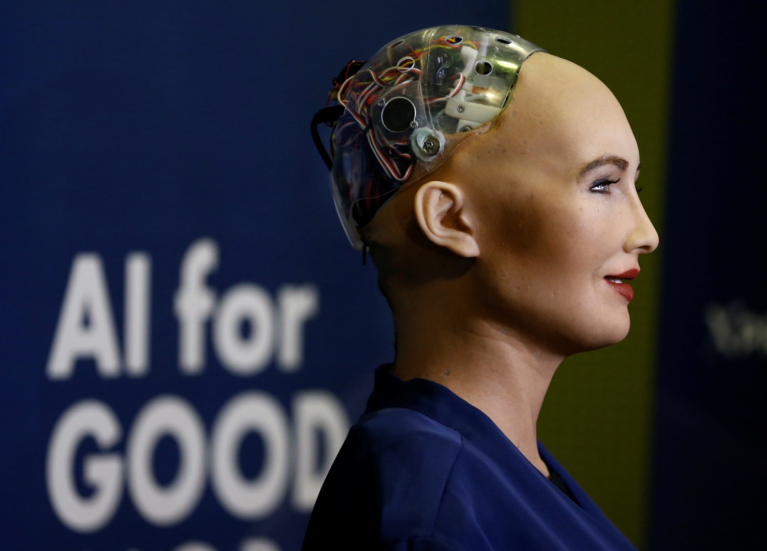 Sophia, a robot integrating the latest technologies and artificial intelligence developed by Hanson Robotics is pictured during a presentation at the "AI for Good" Global Summit at the International Telecommunication Union (ITU) in Geneva, Switzerland June 7, 2017. REUTERS/Denis Balibouse - RC161DD14970