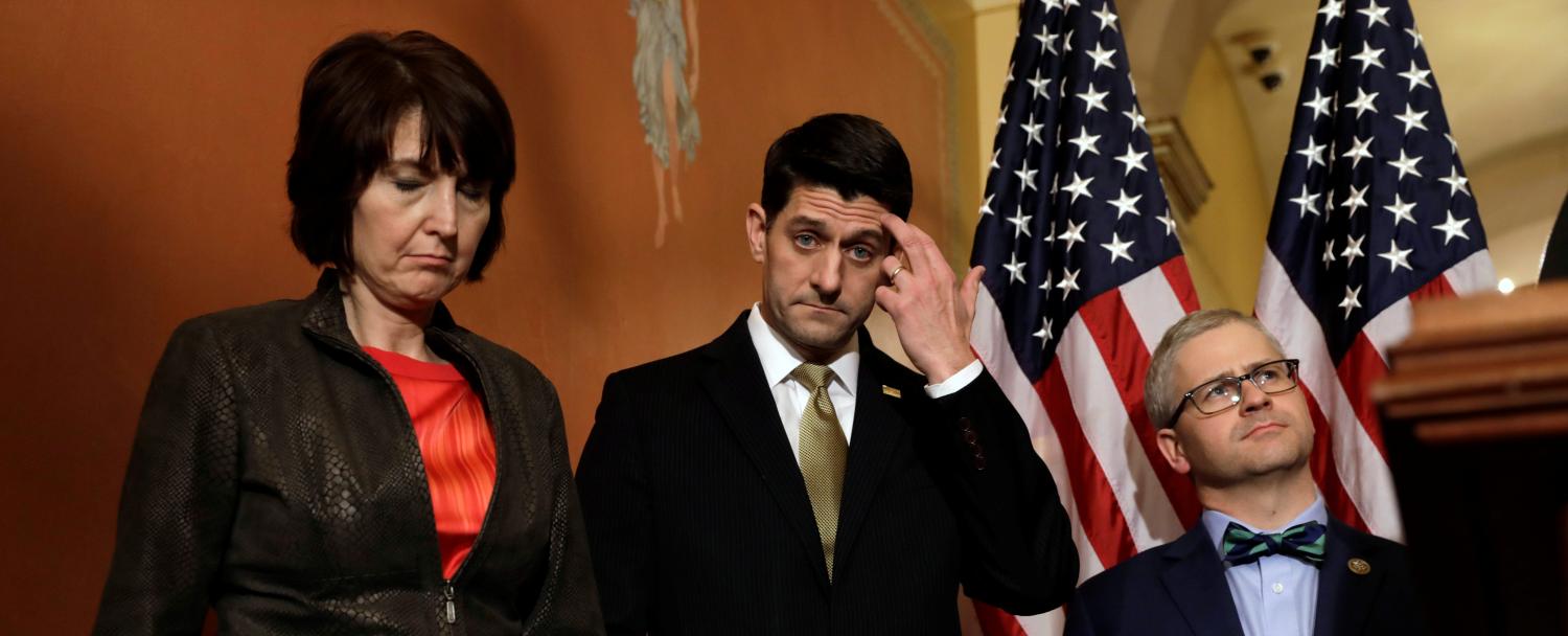 House Speaker Paul Ryan (R-WI) (C) attends  a news conference with Republican leaders on Capitol Hill in Washington, U.S., January 18, 2018. REUTERS/Yuri Gripas - RC1C28E20430