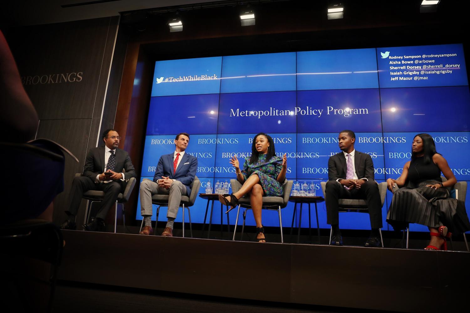 Brookings Metropolitan Policy Programs hosts 'Advancing opportunity for black collegians in tech and business' Friday, May 4, 2018 in Washington with moderator Andre M. Perry, the David M. Rubenstein Fellow; Rodney Sampson, Chairman and Chief Executive Officer of Opportunity Hub; Mark Muro, Senior Fellow and Policy Director; Aisha Bowe, Co-Founder and Chief Executive Officer of STEMBoard; Sherrell Dorsey, founder of ThePLUGDaily.com; Isaiah Grigsby, Senior at Clark Atlanta University OHUB@ Campus Chapter Developer; Jeff Mazur, Executive Director of LaunchCode; Tiffany Bussey, Founding Director of Morehouse College Enterpreneurship Center Lead - Ascend2020 Atlanta; Chanelle Hardy, Strategic Outreach and Public Policy Partnerships at Google; Ronald Mason, University of the District of Columbia President; Chad Womack, National Director for STEM Initiatives at UNCF; and Nicol Turner-Lee. Fellow at Governance Studies, Center for Technology Innovation. (Sharon Farmer/sfphotoworks)