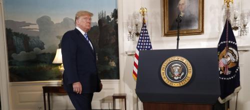 U.S. President Donald Trump arrives to announce his decision whether or not to withdraw from the JCPOA Iran nuclear agreement in the Diplomatic Room of the White House in Washington, U.S., May 8, 2018. REUTERS/Jonathan Ernst - HP1EE581ESESZ