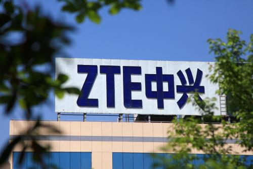 The logo of China's ZTE Corp is seen on a building in Nanjing, Jiangsu province, China April 19, 2018. Picture taken April 19, 2018. REUTERS/Stringer  ATTENTION EDITORS - THIS IMAGE WAS PROVIDED BY A THIRD PARTY. CHINA OUT. - RC1E7CC92770