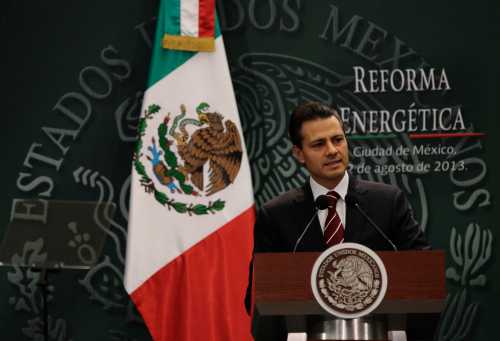 Mexican President Enrique Pena Nieto gives a speech during his proposal for energy reforms at Los Pinos presidential residence in Mexico City August 12, 2013. Nieto on Monday proposed a sweeping energy reform that would amend the constitution to offer private companies lucrative profit-sharing contracts, seeking to lure investment to stem sliding oil output.The proposal calls for changes to key articles of the constitution that ban certain contracts and make oil and gas exploitation the sole preserve of the state.If enacted, the reform would mark the largest private sector opening in decades for Mexico's oil and gas sector, which was nationalized in 1938. The government will send its proposals to Congress this week. REUTERS/Henry Romero (MEXICO - Tags: ENERGY POLITICS) - GM1E98D03ZH01
