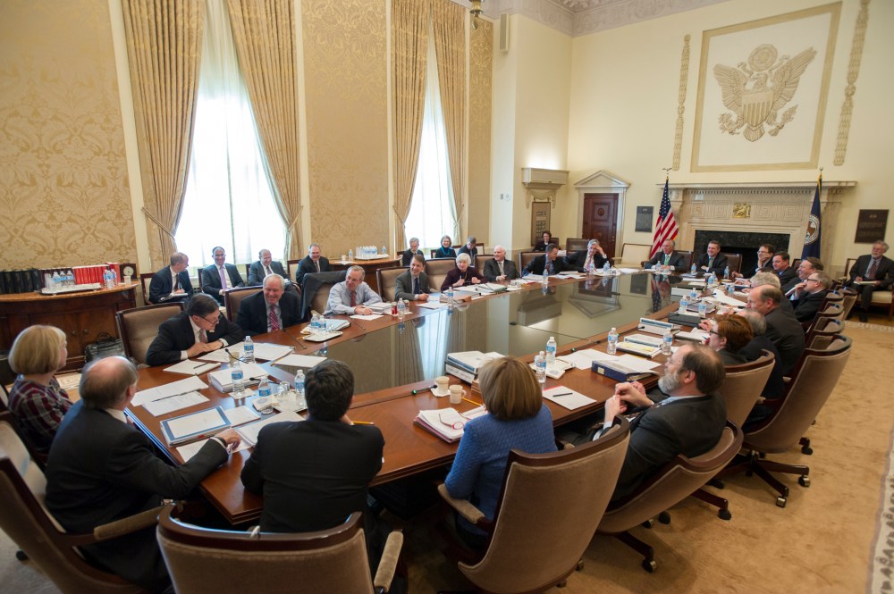 Federal Open Market Committee (FOMC) participants gather at the Marriner S. Eccles Building in Washington, D.C., for a two-day meeting held on March 18-19, 2014.