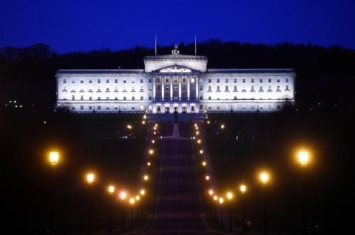 Parliament buildings at Stormont is seen at night in Belfast, Northern Ireland February 15, 2018. REUTERS/Clodagh Kilcoyne - RC165C1960E0