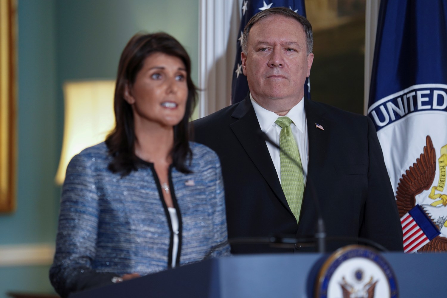 U.S. Ambassador to the United Nations Nikki Haley delivers remarks to the press together with U.S. Secretary of State Mike Pompeo, announcing the U.S.'s withdrawal from the U.N's Human Rights Council at the Department of State in Washington, U.S., June 19, 2018. REUTERS/Toya Sarno Jordan - RC13BD79BC40