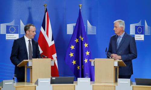 Britain's Secretary of State for Exiting the European Union Dominic Raab and European Union's chief Brexit negotiator Michel Barnier hold a joint news conference in Brussels, Belgium July 26, 2018. REUTERS/Yves Herman - RC1661622400