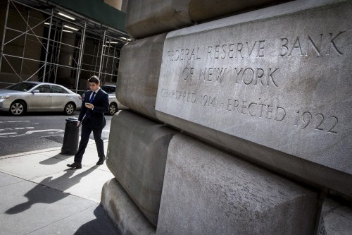The corner stone of The New York Federal Reserve Bank is seen in New York's financial district March 25, 2015. The Federal Reserve should remain on track to raise interest rates later this year despite the U.S. economy's weak start to the year and a stock market sell-off this week, two Fed officials said on Thursday. REUTERS/Brendan McDermid  - GF10000039419