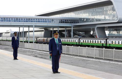 Kenya Railways attendants prepare to receive a train launched to operate on the Standard Gauge Railway (SGR) line constructed by the China Road and Bridge Corporation (CRBC) and financed by Chinese government as it arrives at the Nairobi Terminus in the outskirts of Kenya's capital Nairobi May 31, 2017. REUTERS/Thomas Mukoya - RC13462847E0