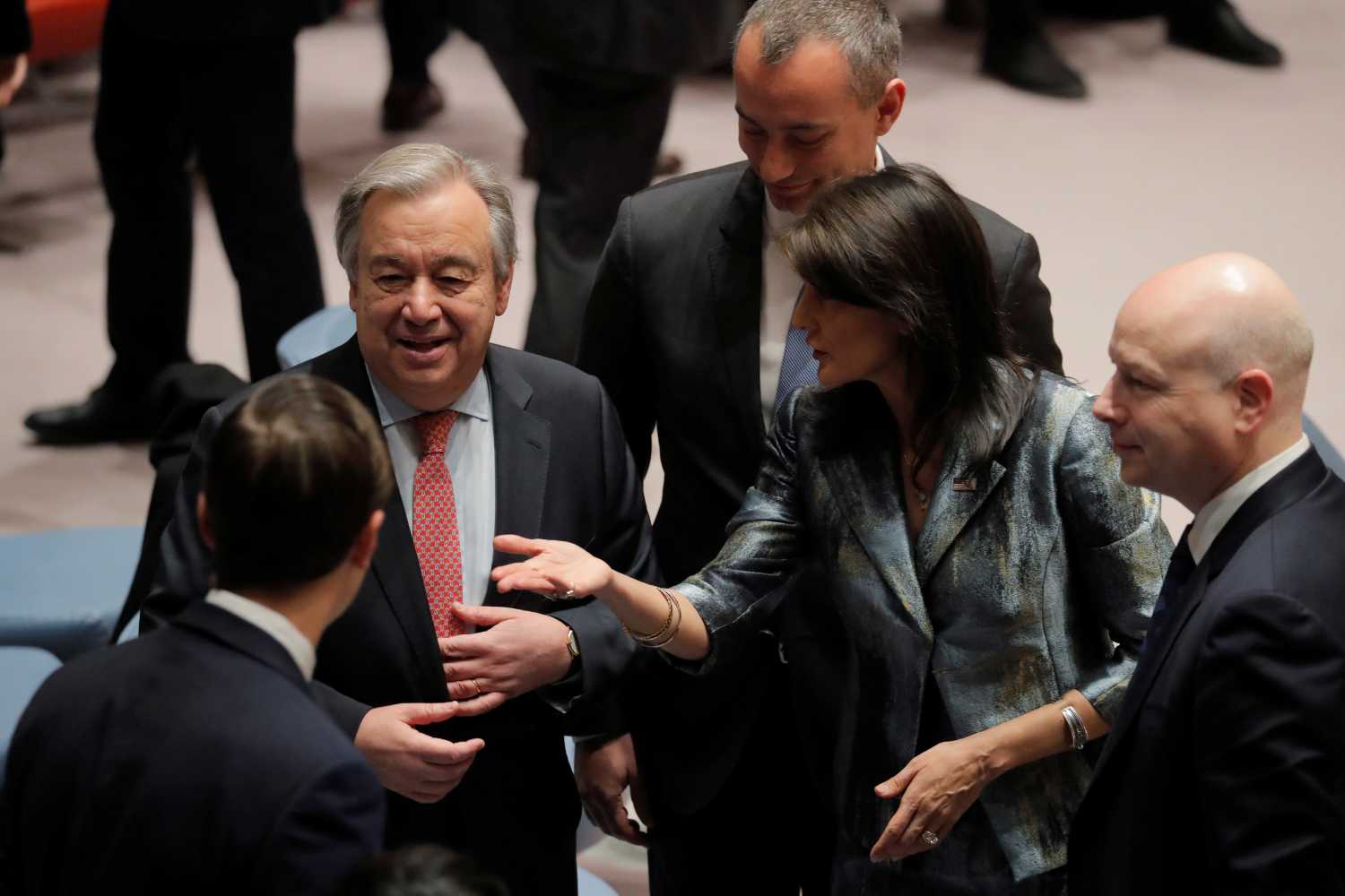 United States Ambassador to the United Nations (UN), Nikki Haley, introduces White House senior adviser Jared Kushner to UN Secretary General Antonio Guterres before a meeting of the UN Security Council at UN headquarters in New York, U.S., February 20, 2018. REUTERS/Lucas Jackson - RC15D8890F20
