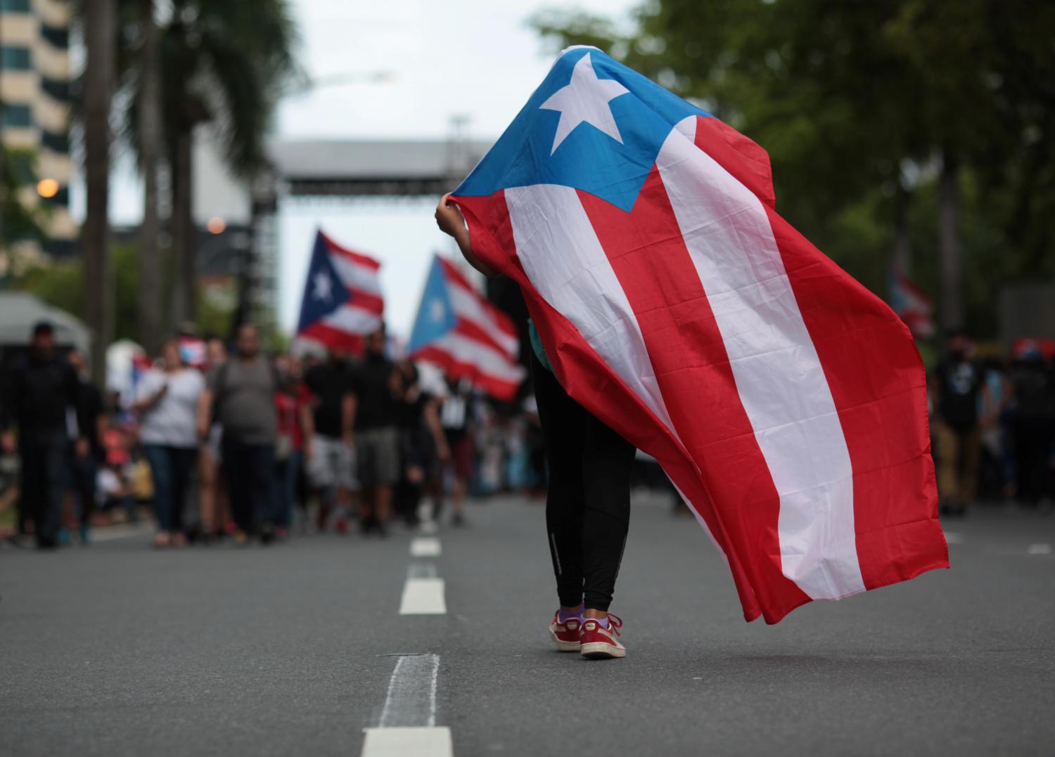A person carries a Puerto Rican national flag during a protest against the government's austerity measures as Puerto Rico faces a deadline on Monday to restructure its $70 billion debt load or open itself up to lawsuits from creditors, in San Juan, Puerto Rico May 1, 2017. REUTERS/Alvin Baez - RC1B567AF880