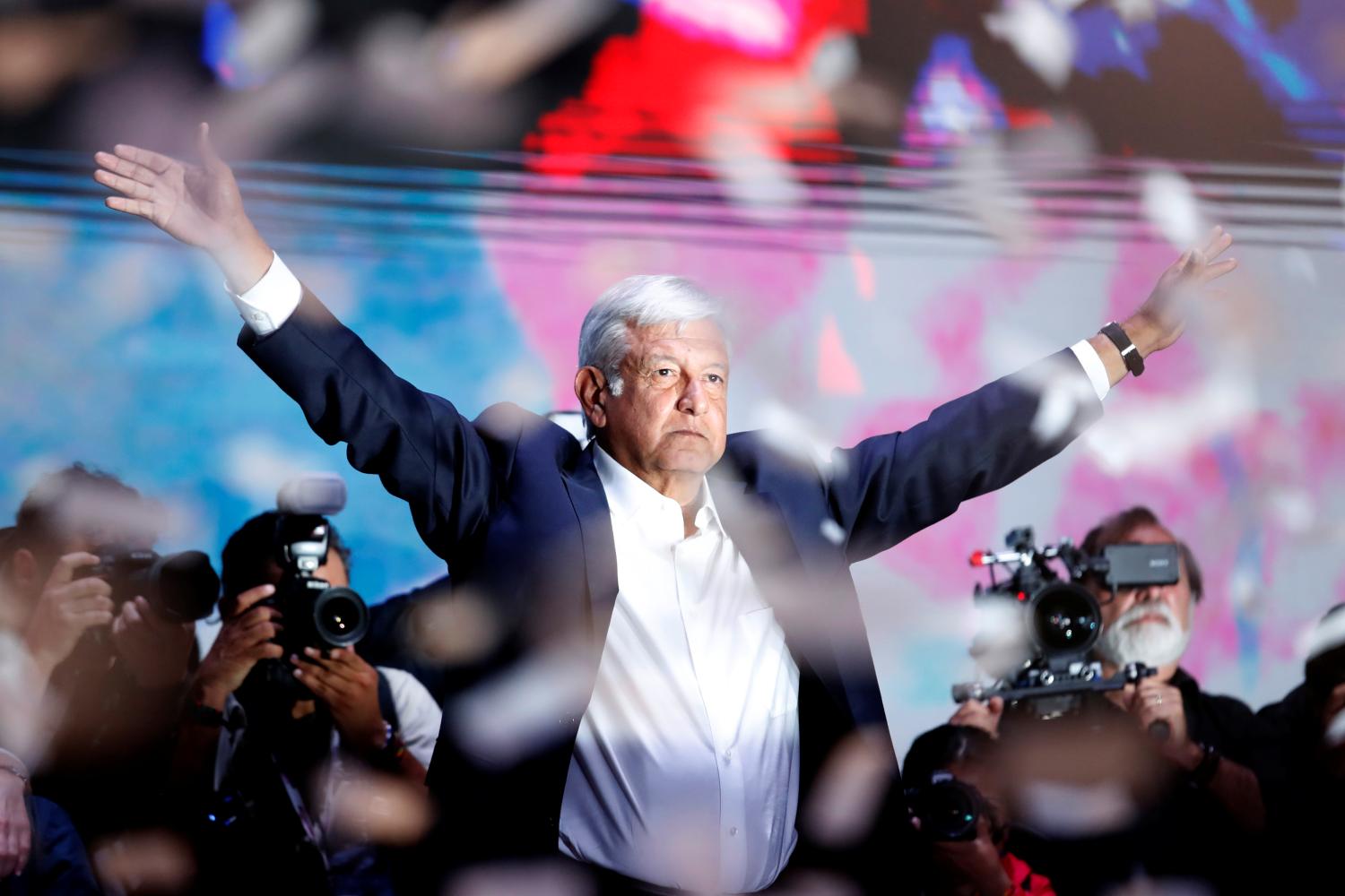 Presidential candidate Andres Manuel Lopez Obrador gestures as he addresses supporters after polls closed in the presidential election, in Mexico City, Mexico July 2, 2018. REUTERS/Goran Tomasevic - RC1A71135450