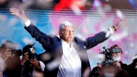 Presidential candidate Andres Manuel Lopez Obrador gestures as he addresses supporters after polls closed in the presidential election, in Mexico City, Mexico July 2, 2018. REUTERS/Goran Tomasevic - RC1A71135450