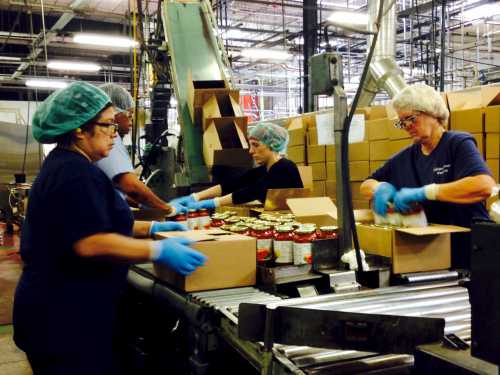Workers box jars of pasta sauce at a plant run by Chelten House Products in Bridgeport, New Jersey July 27, 2015.  The company produces private-label sauces, salsas and salad dressings for grocers such as Kroger, Whole Foods and Trader Joe's. As the Federal Reserve puzzles over what is holding back U.S. wages and productivity six years into the economic recovery, a pasta sauce company in New Jersey may offer some answers. Picture taken July 27, 2015. To match Insight USA-ECONOMY/LABOR REUTERS/Jonathan Spicer - GF20000007221