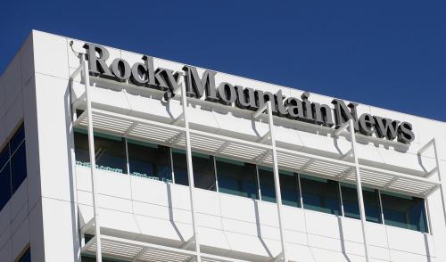 The Rocky Mountain News sign is seen on the Denver New Agency building in Denver, Colorado February 26, 2009. Media conglomerate EW Scripps Co will shutter the Pulitzer Prize-winning Rocky Mountain News after a sale process produced no qualified buyers, the company said. REUTERS/Mark Leffingwell (UNITED STATES) - GF2E52Q1P4Y01