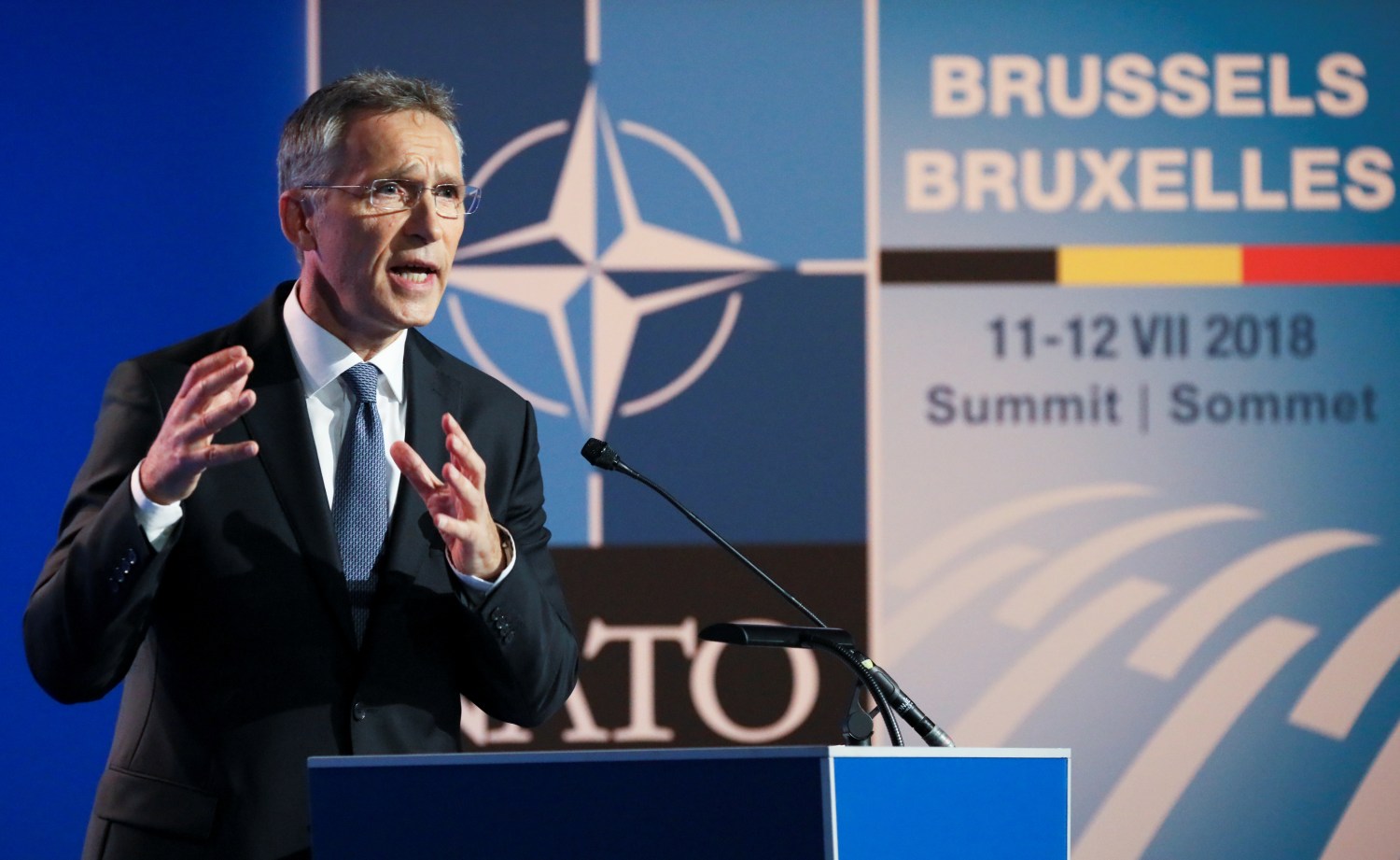 NATO Secretary General Jens Stoltenberg gestures as he gives a news conference ahead of a summit that will gather leaders of the 29 alliance members in Brussels, Belgium, July 10 2018. REUTERS/Reinhard Krause - RC14D4F06960