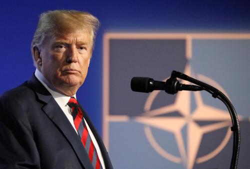 U.S. President Donald Trump looks on as he holds a news conference after participating in the NATO Summit in Brussels, Belgium July 12, 2018. REUTERS/Reinhard Krause - RC11028C7550