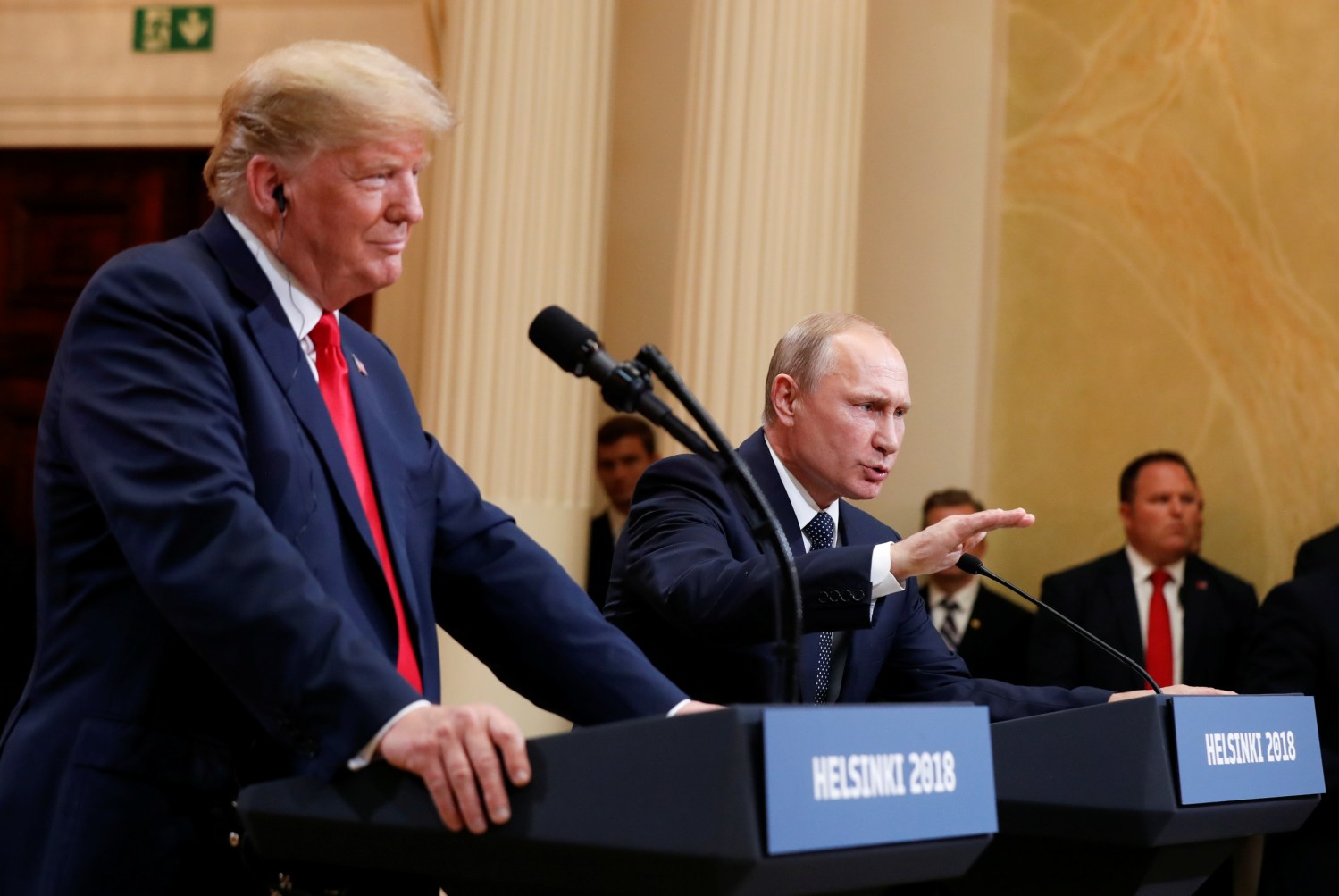 Russia's President Vladimir Putin gestures during a joint news conference with U.S. President Donald Trump after their meeting in Helsinki, Finland, July 16, 2018. REUTERS/Kevin Lamarque - RC1308EDF9C0