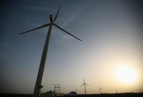 Power generating windmill turbines are pictured during the inauguration ceremony of the new 25 MW ReNew Power wind farm at Kalasar village in the western Indian state of Gujarat May 6, 2012. REUTERS/Amit Dave (INDIA - Tags: ENERGY BUSINESS) - GM1E85700TW02