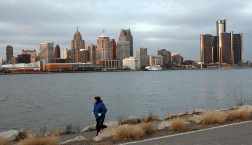 The skyline of Detroit, Michigan is seen from Windsor, January 4, 2012. Saddled with crippling debt, mounting labor costs, and onerous union contracts, the city that paved the auto industry's success is in need of a bailout of its own. Picture taken January 4, 2012. To match Feature DETROIT/GLOOM  REUTERS/Rebecca Cook (UNITED STATES - Tags: BUSINESS POLITICS SOCIETY CITYSPACE) - GM1E819058R01