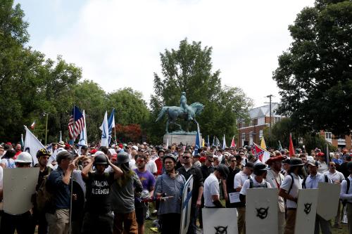 White supremacists gather under a statue of Robert E. Lee during a rally in Charlottesville, Virginia.