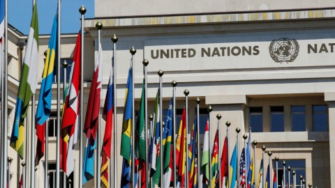 Flags are pictured outside the European headquarters of the United Nations in Geneva, Switzerland, April 18, 2018.       REUTERS/Denis Balibouse - RC1DF0C223D0