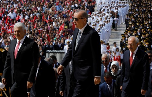 Turkish President Tayyip Erdogan attends a ceremony marking the 96th anniversary of Victory Day at the mausoleum of Mustafa Kemal Ataturk in Ankara, Turkey August 30, 2018. REUTERS/Umit Bektas - RC1626E4B250