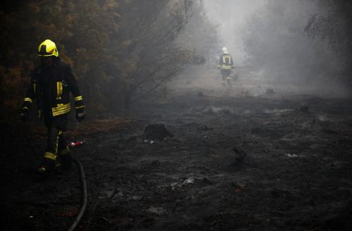 Firefighters help to put out a forest fire near Treuenbrietzen, Germany August 24, 2018. REUTERS/Hannibal Hanschke - RC15AD484070