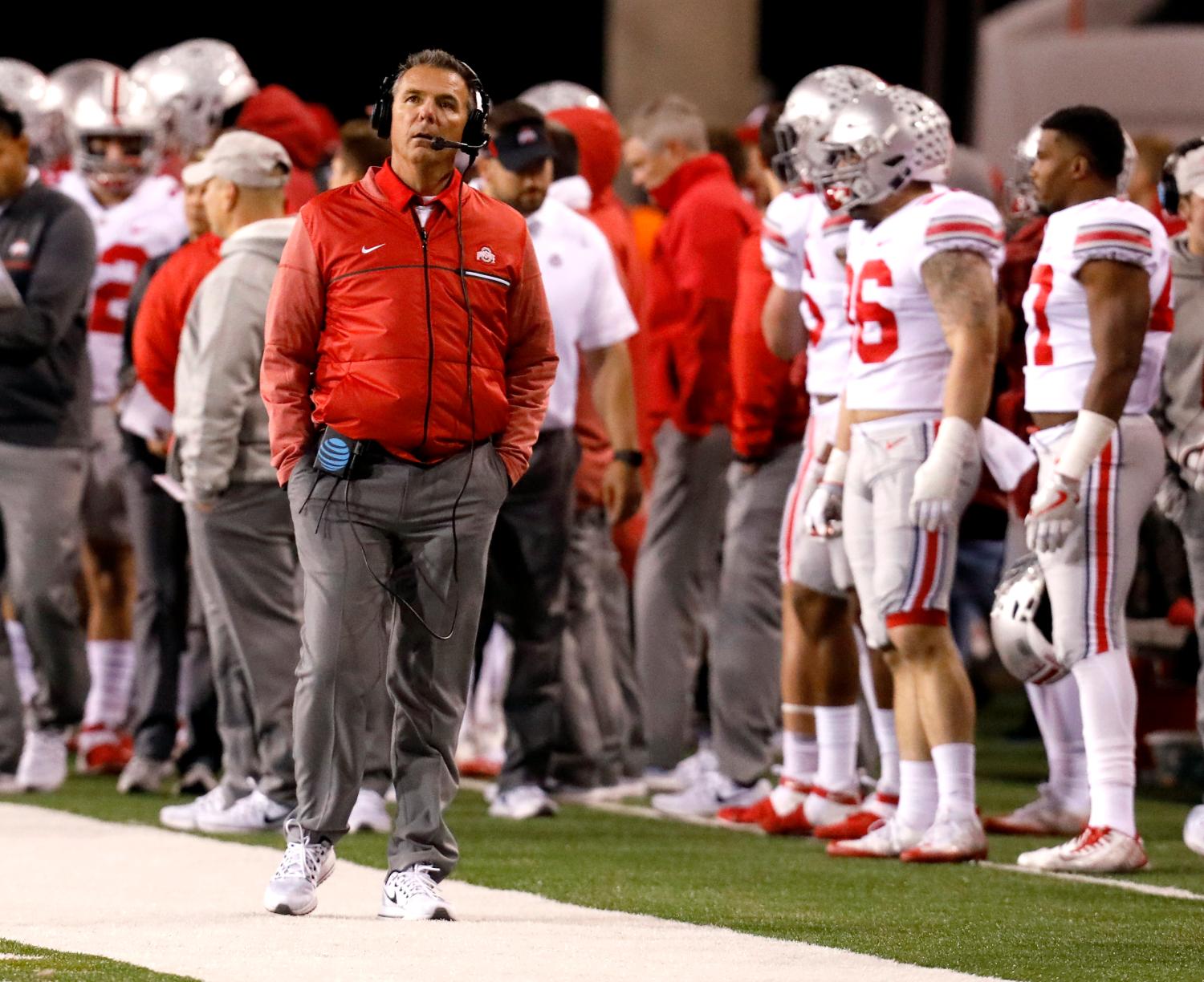 Oct 14, 2017; Lincoln, NE, USA; Ohio State Buckeyes head coach Urban Meyer looks at the scoreboard during the game against the Nebraska Cornhuskers in the second half at Memorial Stadium. Ohio State won 56-14. Mandatory Credit: Bruce Thorson-USA TODAY Sports - 10347589
