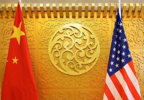 Chinese and U.S. flags are set up for a meeting during a visit by U.S. Secretary of Transportation Elaine Chao at China's Ministry of Transport in Beijing, China April 27, 2018. Picture taken April 27, 2018. REUTERS/Jason Lee - RC187D978C20