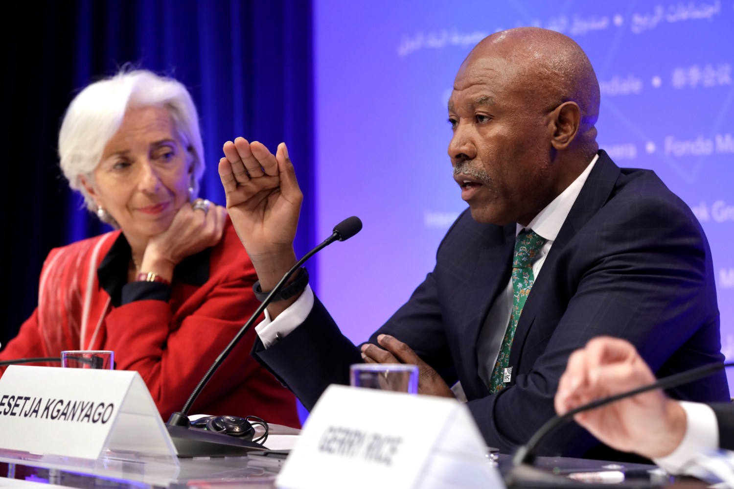 South African Reserve Bank Governor Lesetja Kganyago speaks at IMFC joint press conference with International Monetary Fund (IMF) Managing Director Christine Lagarde during the IMF/World Bank spring meeting in Washington, U.S., April 21, 2018. REUTERS/Yuri Gripas - RC1983EAB0E0