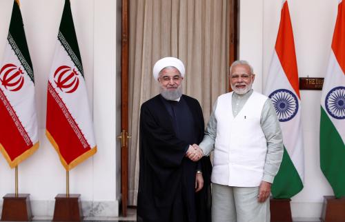 Iranian President Hassan Rouhani shakes hands with India's Prime Minister Narendra Modi (R) during a photo opportunity ahead of their meeting at Hyderabad House in New Delhi, India, February 17, 2018.