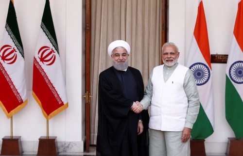 Iranian President Hassan Rouhani shakes hands with India's Prime Minister Narendra Modi (R) during a photo opportunity ahead of their meeting at Hyderabad House in New Delhi, India, February 17, 2018.