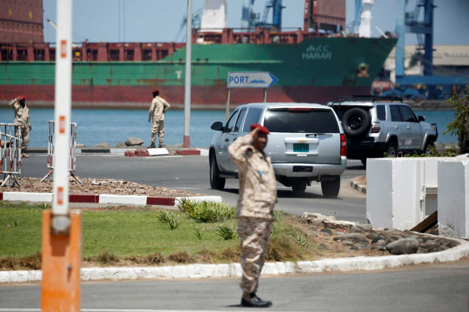U.S. Secretary of State Rex Tillerson passes near the Port of Djibouti in his motorcade as he departs following meetings at the Presidential Palace in Djibouti, March 9, 2018. REUTERS/Jonathan Ernst - RC1FCA3EAF60
