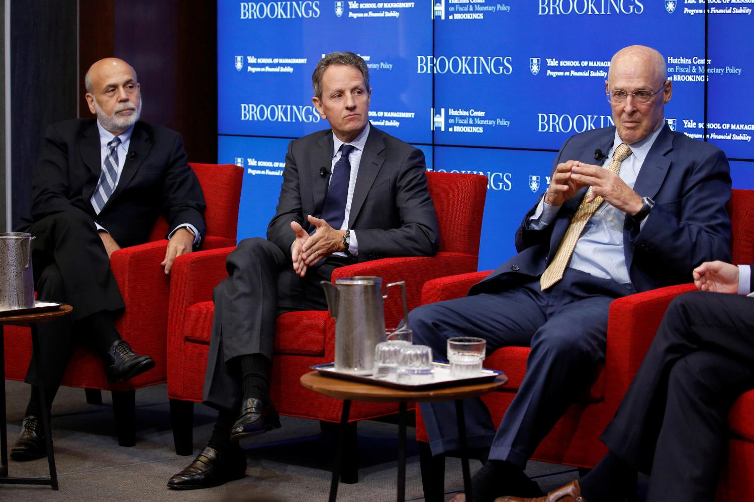 Former Federal Reserve Board Chairman Ben Bernanke, former Treasury Secretary Timothy Geithner, and former Treasury Secretary Hank Paulson discuss "10 Years After the Global Financial Crisis" in Washington, U.S., September 12, 2018.      REUTERS/Joshua Roberts - RC14CF9B7250