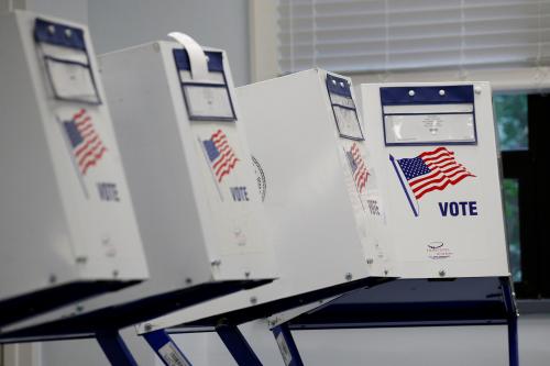 Voting booths are seen at a polling site during the New York State Democratic primary in New York City, U.S., September 13, 2018. REUTERS/Brendan McDermid - RC1303206050