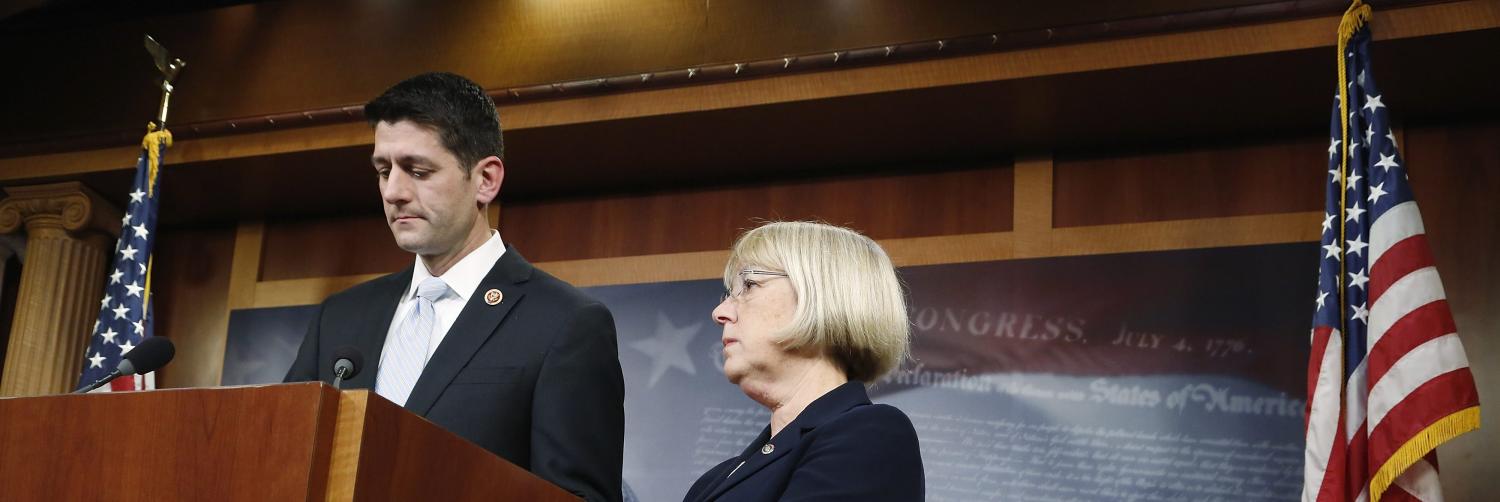 Senate Budget Committee chairman Senator Patty Murray (D-WA) (R) and House Budget Committee chairman Representative Paul Ryan (R-WI) hold a news conference to introduce The Bipartisan Budget Act of 2013 at the U.S. Capitol in Washington, December 10, 2013. Budget negotiators in the U.S. Congress have reached an agreement on Tuesday that, if approved by the House and Senate, could restore some order to the nation's chaotic budget process and avoid another government shutdown on Jan. 15.  REUTERS/Jonathan Ernst    (UNITED STATES - Tags: POLITICS BUSINESS) - GM1E9CB0MD701