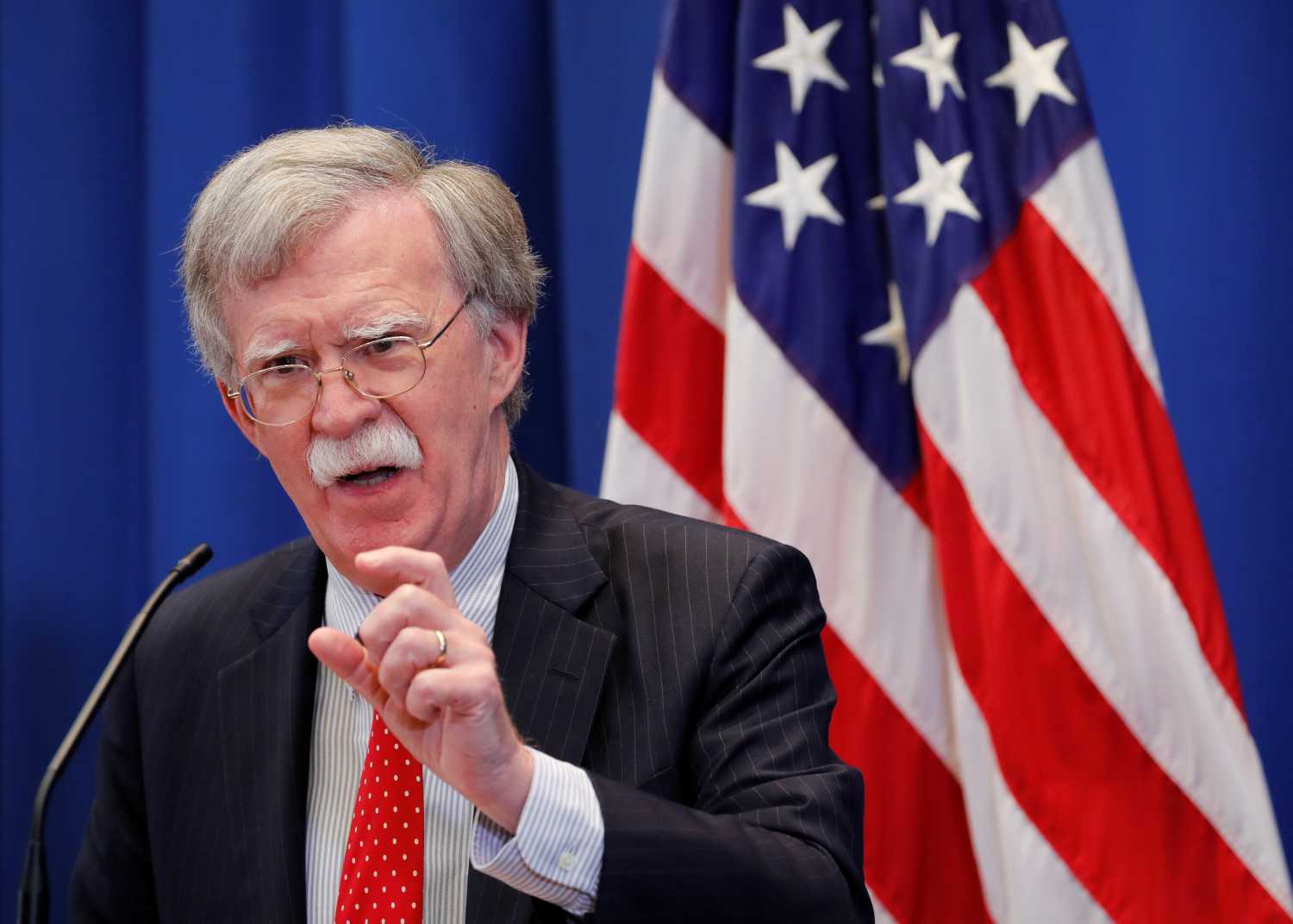 U.S. National Security Advisor John Bolton speaks during a news conference after a meeting with Russia's Nikolai Patrushev at the U.S. Mission to the United Nations in Geneva, Switzerland, August 23, 2018. REUTERS/Denis Balibouse - RC1710677290