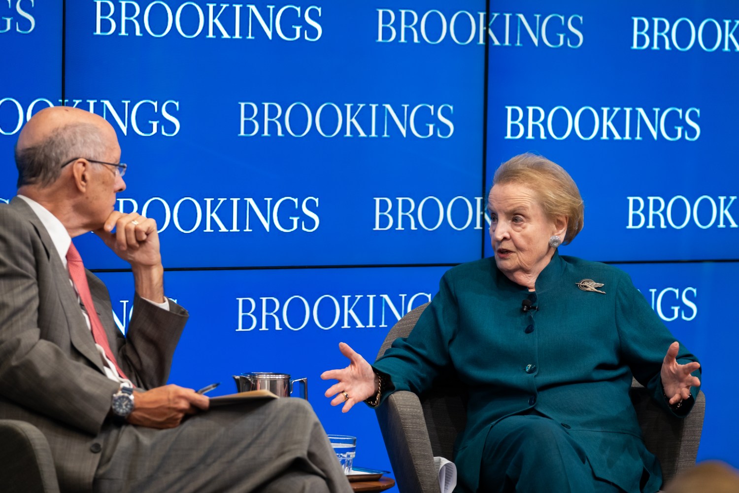 Strobe Talbott and Madeleine Albright at a Brookings event on September 7 2018.