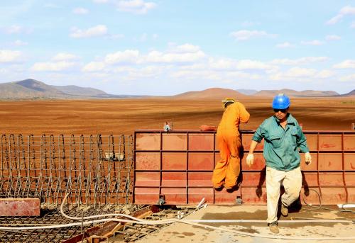 A Chinese construction engineer works at a section of the Mombasa-Nairobi standard gauge railway (SGR) at Emali in Kenya
