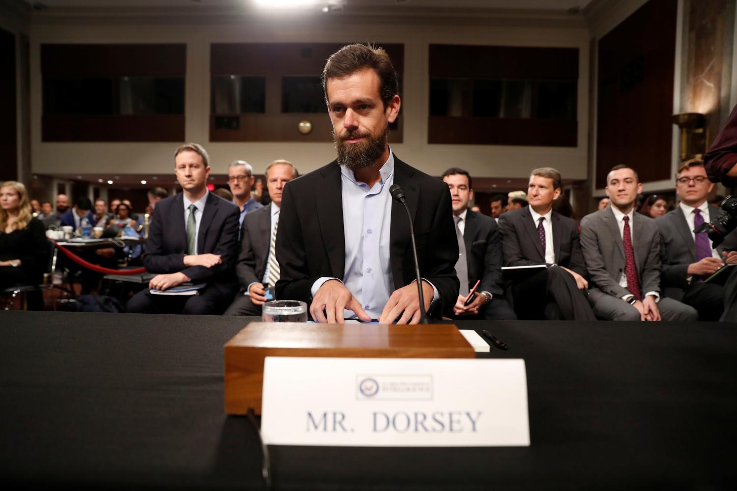 Twitter CEO Jack Dorsey is seated prior to testifying before a Senate Intelligence Committee hearing on foreign influence operations on social media platforms on Capitol Hill in Washington, U.S., September 5, 2018. REUTERS/Joshua Roberts - RC1F1C782B50