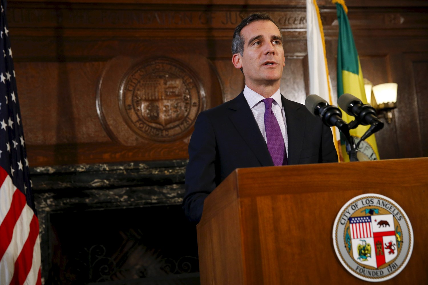 Los Angeles Mayor Eric Garcetti speaks during a news conference after meeting with the family of Ezell Ford at City Hall in Los Angeles, California, June 9, 2015. Los Angeles police commissioners on Tuesday issued a mixed ruling in the shooting of the unarmed black man by two patrolmen, largely approving of one officer's actions while finding that the other had violated department policy. The decision followed a tense administrative hearing into the shooting death of 25-year-old Ford last Aug. 11. REUTERS/Patrick T. Fallon - GF10000122476