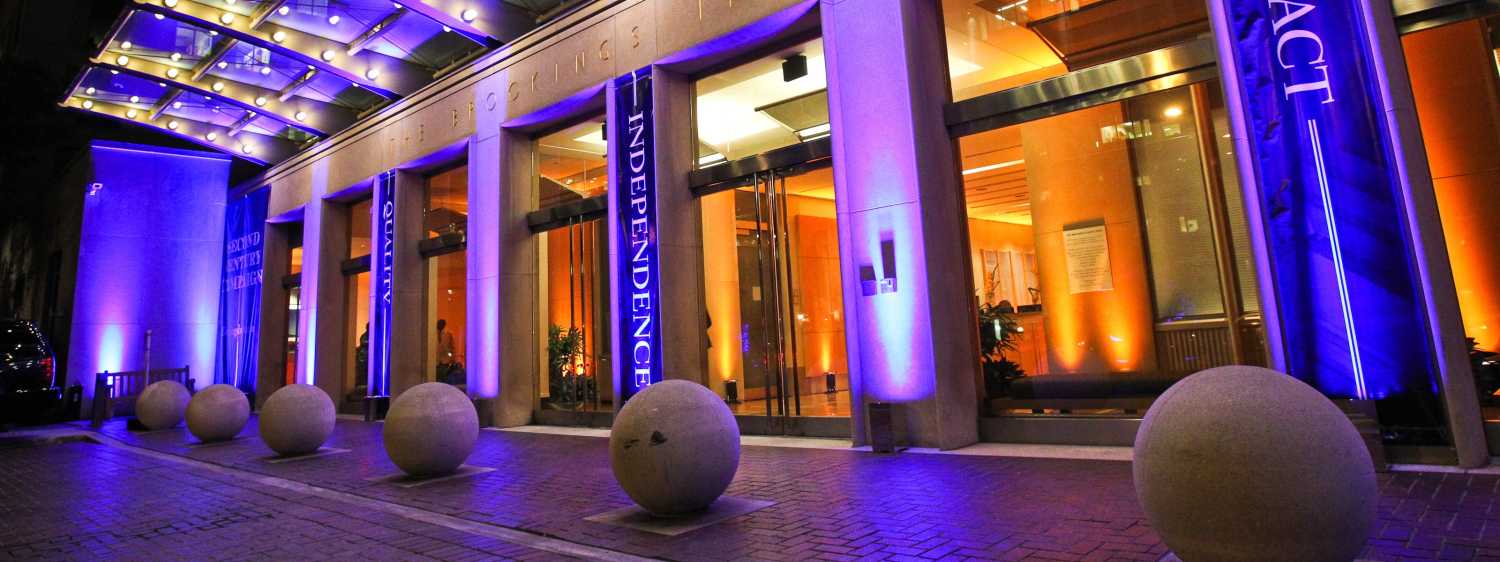 The front of the Brookings Institution is pictured.