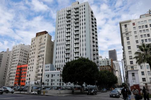 Apartment buildings are shown in downtown Los Angeles, California, U.S. October 2, 2018.   REUTERS/Mike Blake - RC1DE752AF80