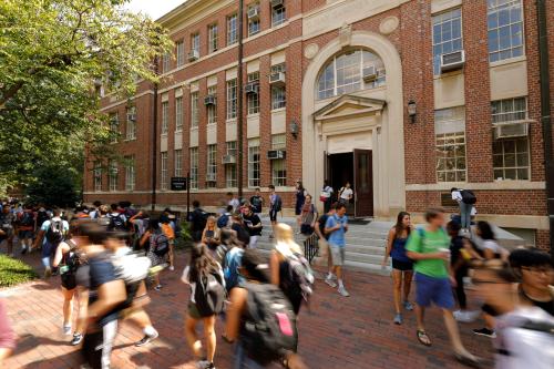 Students walk past a classroom building on the campus of the University of North Carolina at Chapel Hill, North Carolina, U.S., September 20, 2018. Picture taken on September 20, 2018.  REUTERS/Jonathan Drake - RC1ACEB68CF0